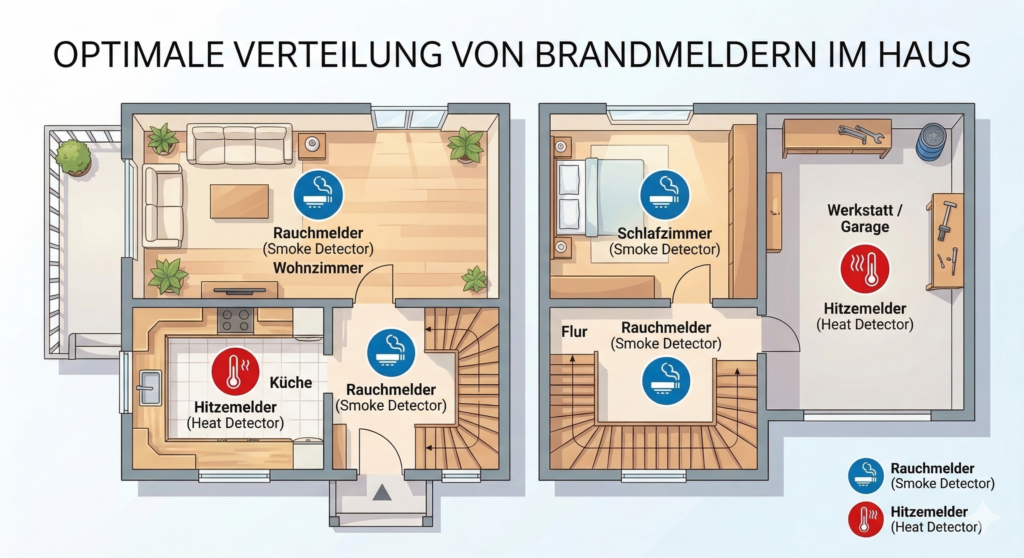 Grundriss mit eingezeichneten Orten für Brandmelder