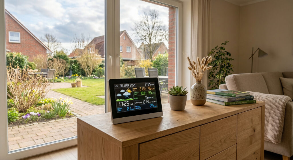 Eine moderne Wetterstation mit großem Farbdisplay auf einem Sideboard, im Hintergrund sieht man durch das Fenster einen Garten