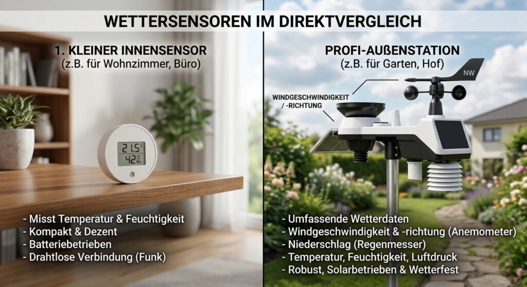BILD: Vergleichsgrafik: Ein kleiner Innensensor vs. eine große Profi-Außenstation mit Windrad